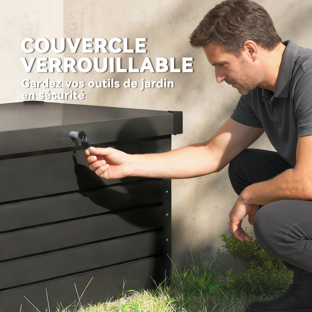 Coffre de rangement métal boîte de jardin 350L double vérins à gaz  verrouillable pour coussins outils gris anthracite