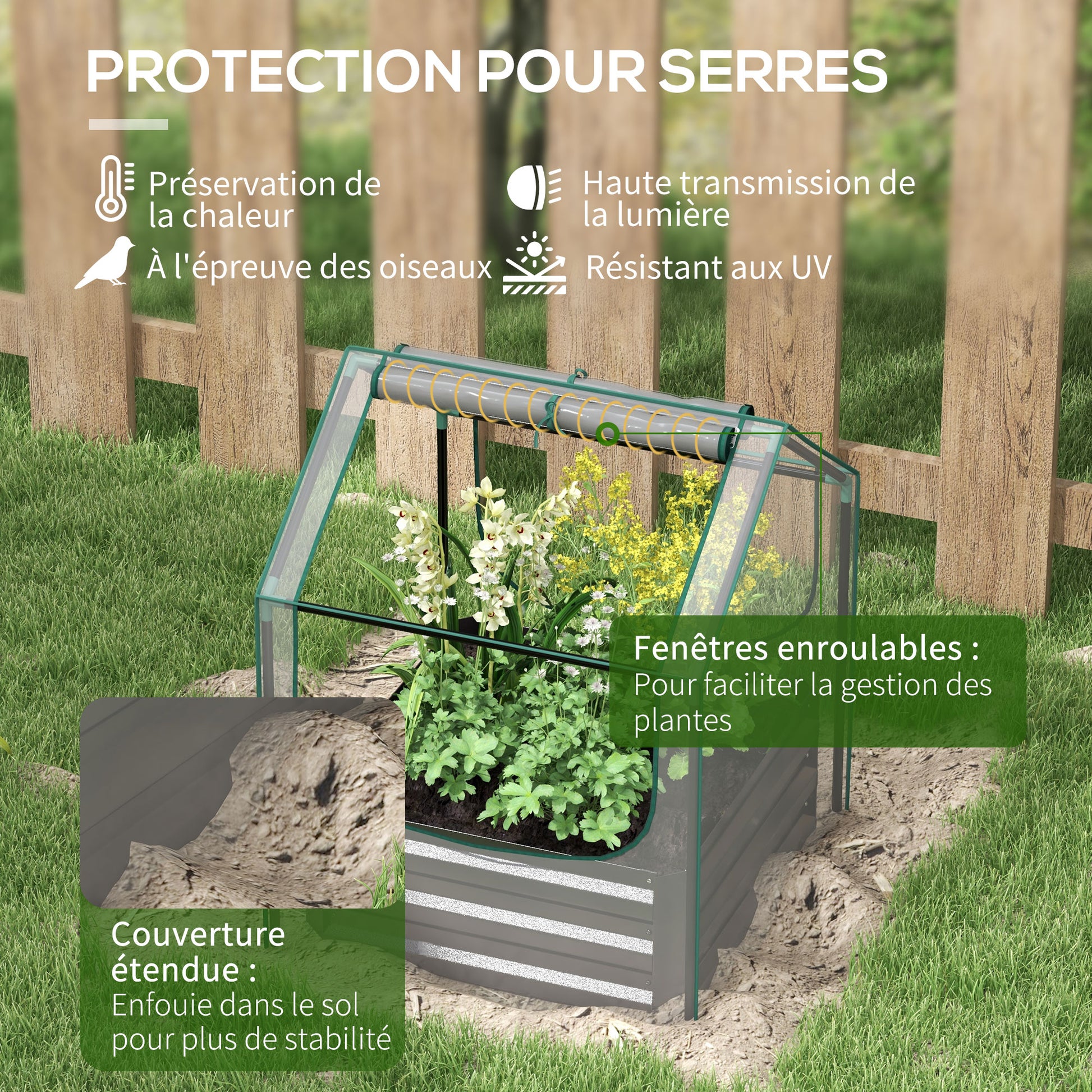 Carré potager de jardin avec mini serre, jardinière surélevée en acier galvanisé, 70 x 70 x 90 cm, gris foncé