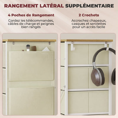 Commode 5 tiroirs en tissu, meuble de rangement avec 4 poches, 2 crochets, structure en acier, 45 x 30 x 94,5 cm, beige