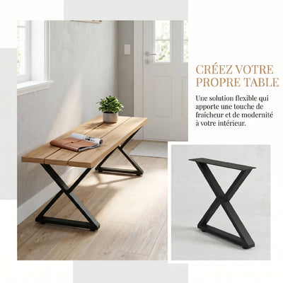 Pieds de table en acier, 60 x 43 cm, lot de 2 pieds de bureau en forme X avec patins réglables et vis, noir