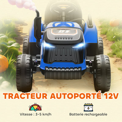 Tracteur électrique enfants avec remorque amovible, voiture électrique enfants, télécommande 2,4G, 139x58x55cm, bleu
