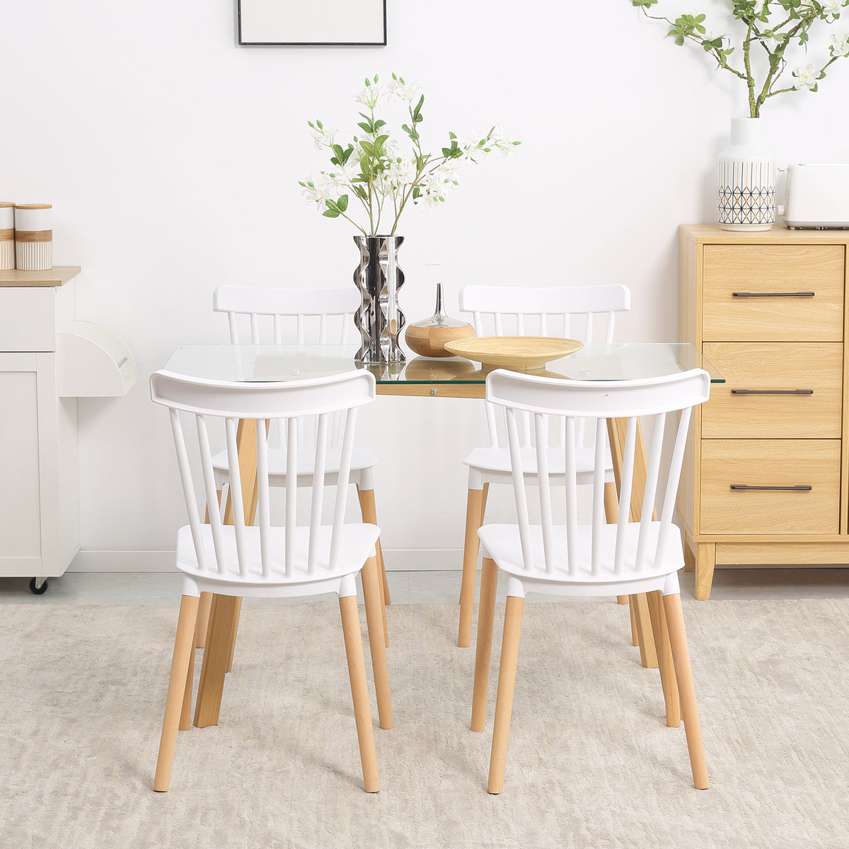 Lot de 4 chaises style scandinave dossier haut assise en polypropylène pieds en hêtre 48 x 52,5 x 83 cm blanc