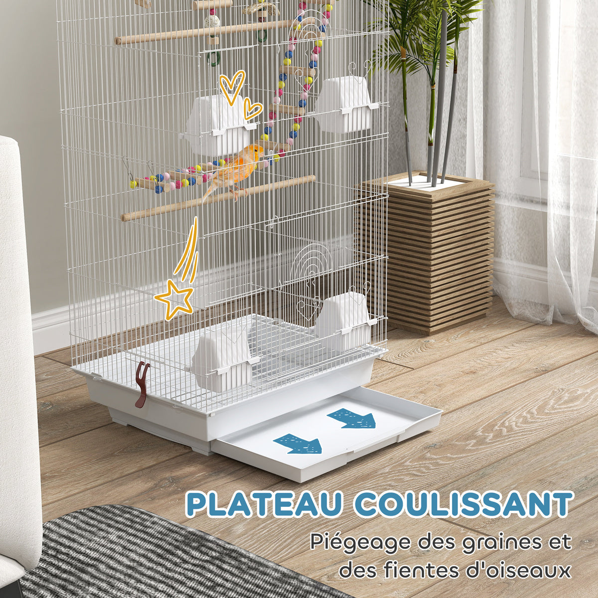 Cage à oiseaux 46 x 36 x 100 cm 4 mangeoires 3 perchoirs cage pour perruche calopsitte conure pinson canaris