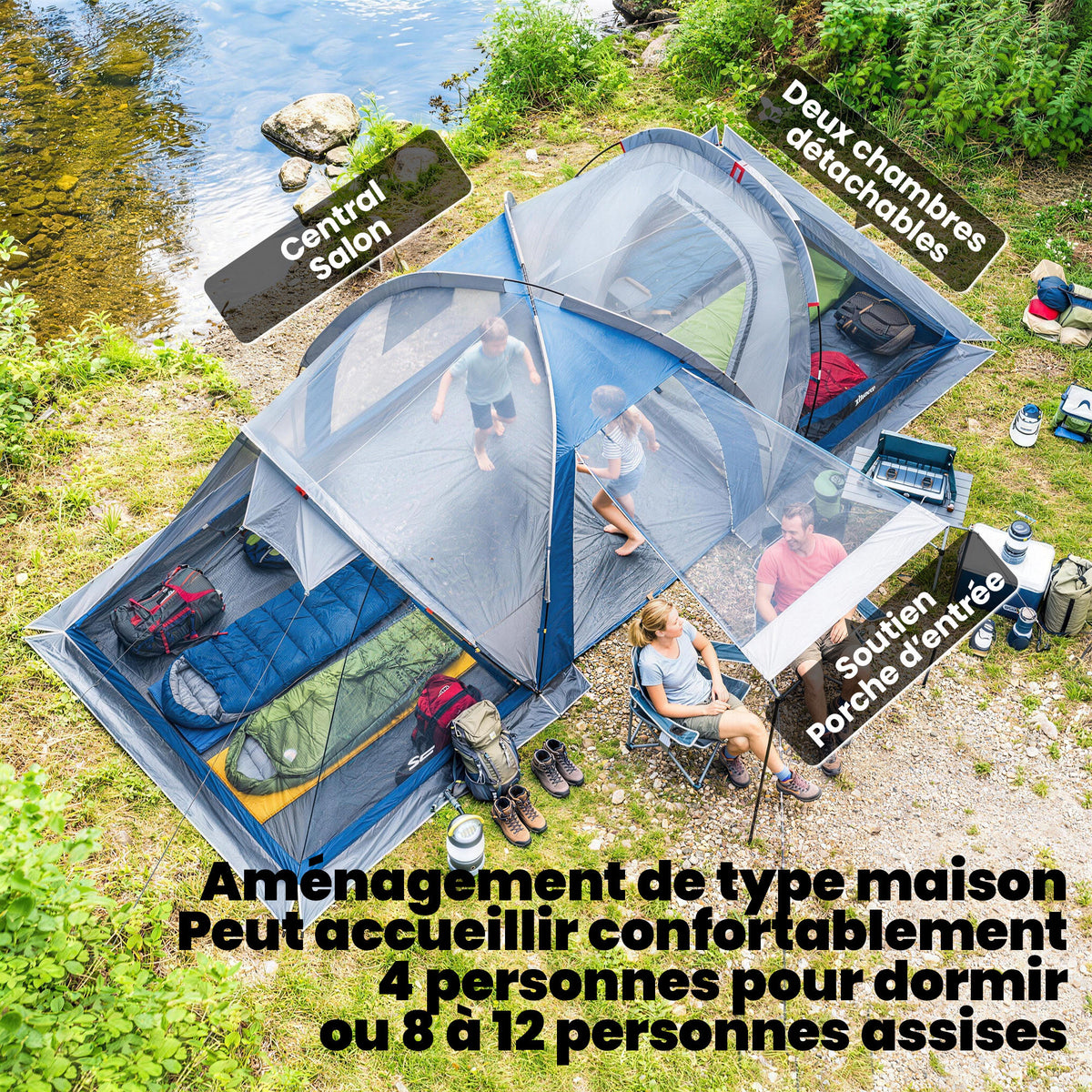 Tente de Camping Double Couche Tunnel Familiale 4-5 Personnes 2 Chambres et Séjour pour 12 Personnes Bleu