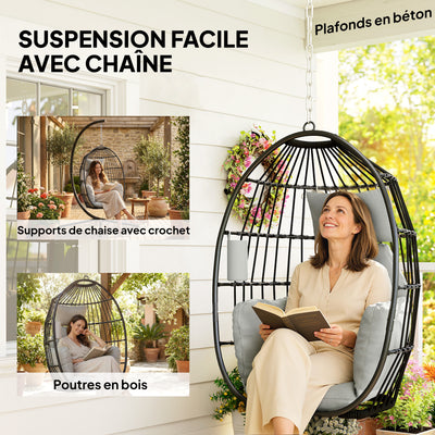 Fauteuil suspendu, fauteuil œuf suspendu, panier pliable, coussins rembourrés, porte-gobelet, oreiller, gris foncé