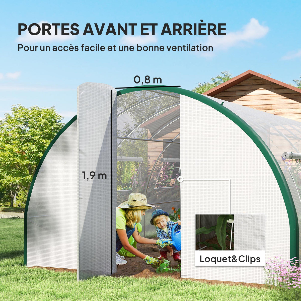 Serre tunnel de jardin 18m², serre de jardin tunnel avec portes et 8 fenêtres, bâche PE 140g/m² 600 x 300 x 200 cm blanc