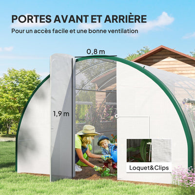 Serre tunnel de jardin 18m², serre de jardin tunnel avec portes et 8 fenêtres, bâche PE 140g/m² 600 x 300 x 200 cm blanc