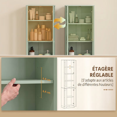 Meuble de Salle de Bain 6 niveaux, Meuble de Rangement avec 4 Portes à Fermeture Douce et Étagères Réglables, Vert