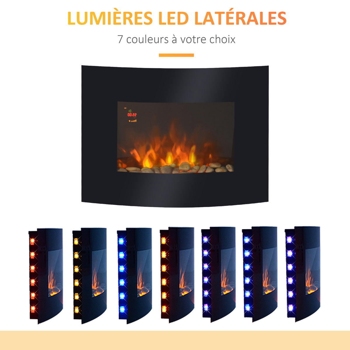 Cheminée électrique Murale éclairages latéraux LED Design Avant-gardiste Affichage LED avec télécommande et minuterie 900/1800 W luminosité réglable Noir