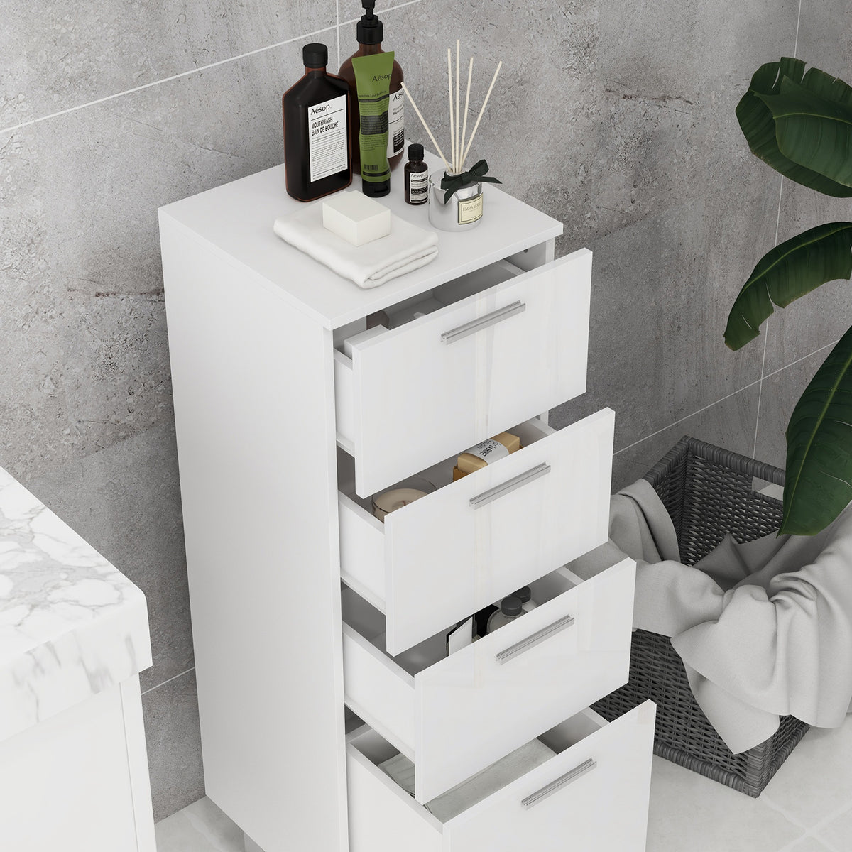 Meuble de salle de bain sur pied - 4 tiroirs et base surélevée, commode salle de bain salon chambre, 30x30x93cm, blanc