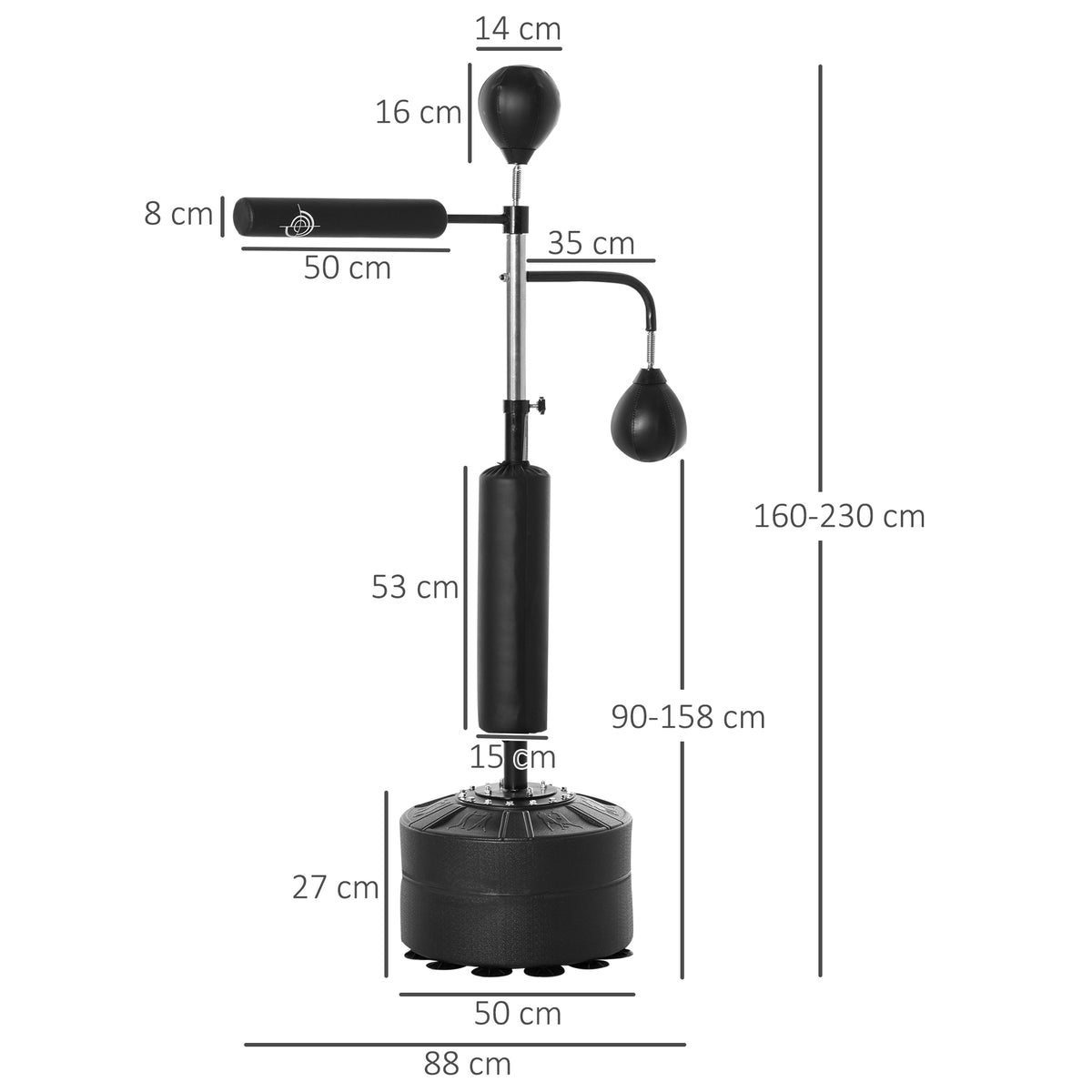 Sac de frappe sur pied 4 en 1, punching ball autonome 2 balles de vitesse barre rotative 360° hauteur réglable 160-230 cm, sac de boxe pour adultes, pour Boxe Muay Thaï Taekwondo, noir