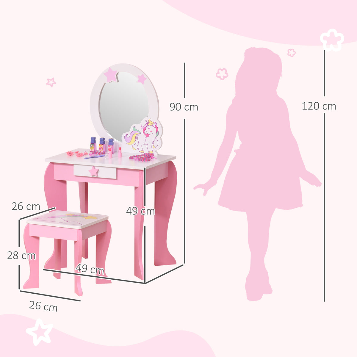 Coiffeuse Enfant Design Licorne - Tabouret Inclus - dim. 49L x 34l x 90H cm - tiroir, Miroir - MDF - Rose Blanc