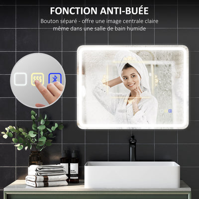 Miroir salle de bain Bluetooth avec éclairage LED 60 x 80 cm, miroir lumineux mural avec horloge, antibuée, argenté