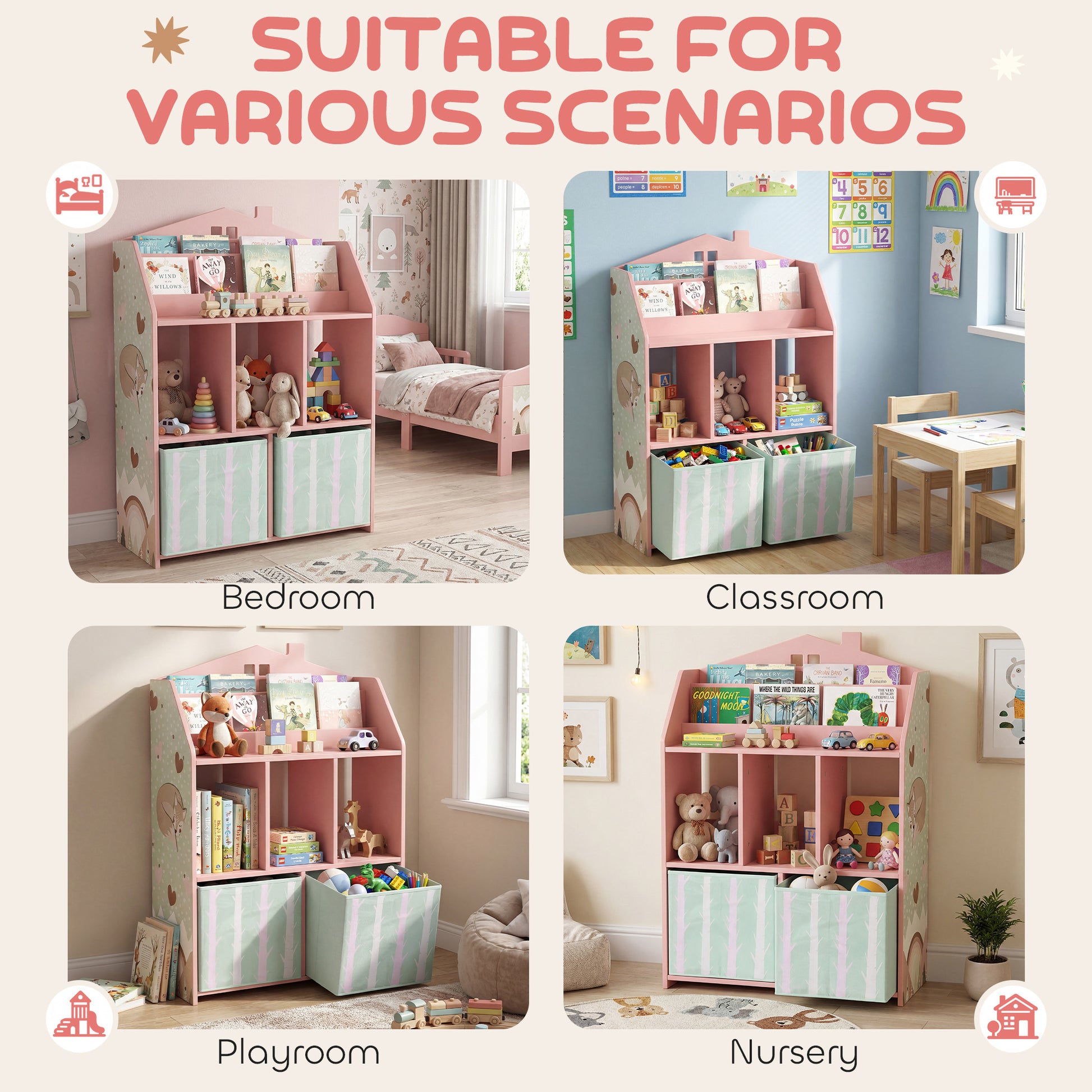 Meuble rangement enfant, bibliothèque enfants avec étagères ouvertes et 2 tiroirs en tissu, MDF, rose