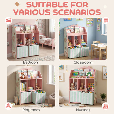 Meuble rangement enfant, bibliothèque enfants avec étagères ouvertes et 2 tiroirs en tissu, MDF, rose