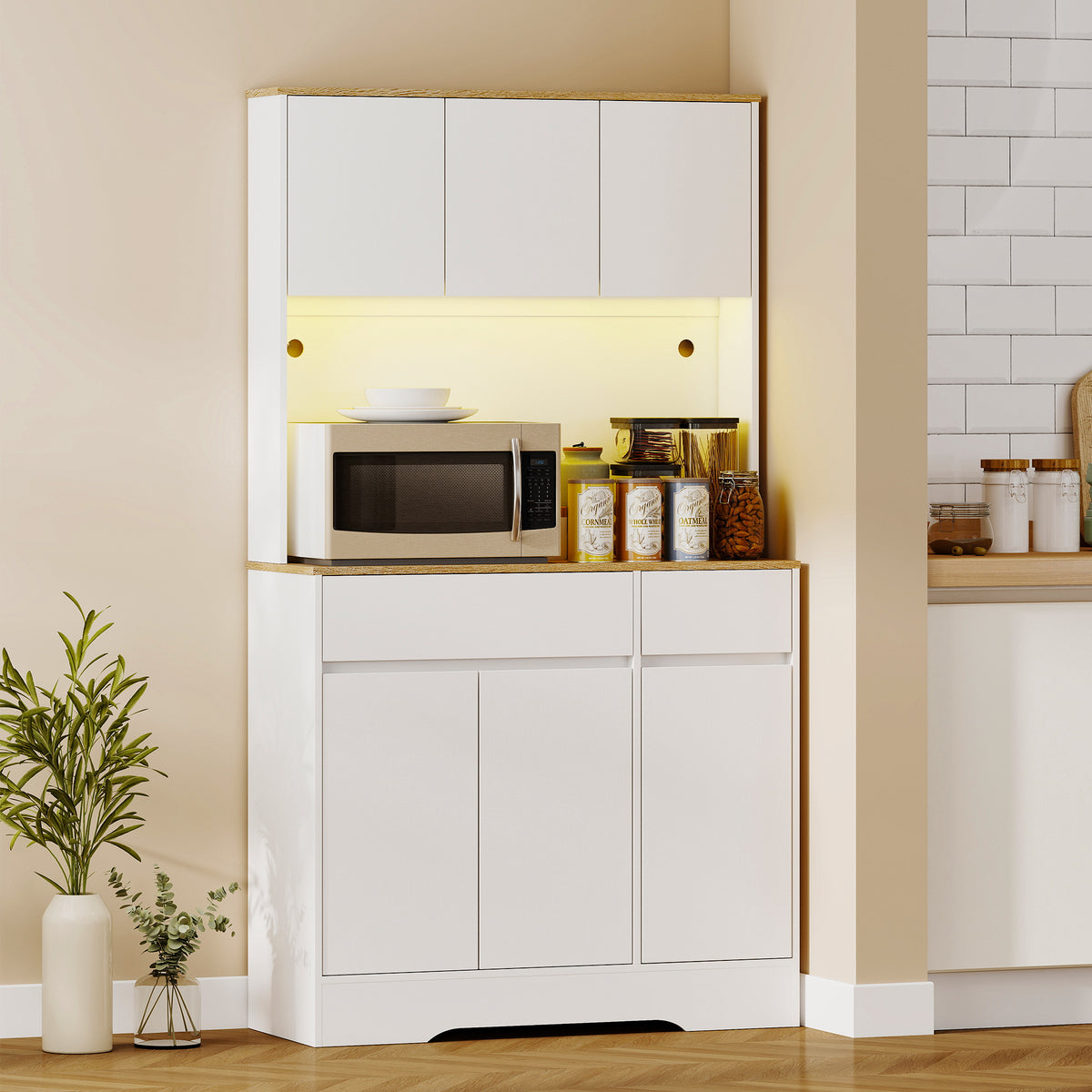 Buffet cuisine meuble cuisine rangement haut avec lumière LED RGB, plan de travail, 6 portes, 2 tiroirs, blanc