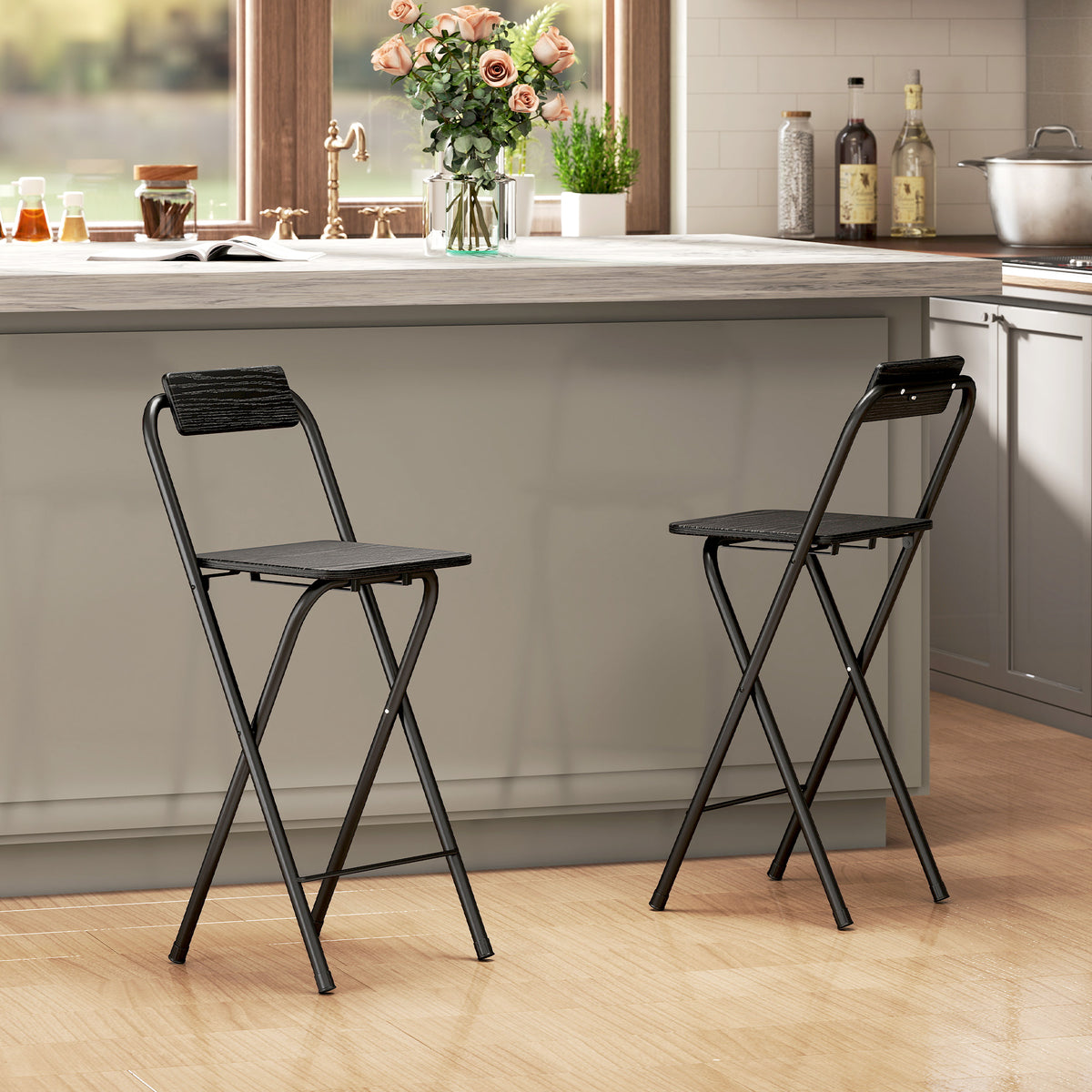 Lot de 2 tabourets de bar pliables avec dossier et repose-pieds, cadre en acier, 87 cm de haut, noir