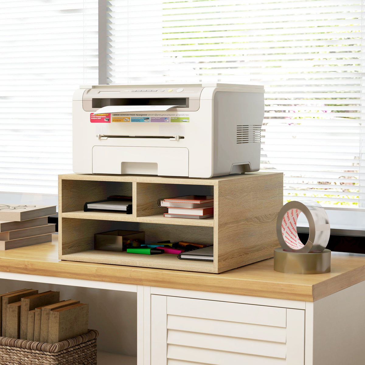 Organiseur bureau aspect bois avec 3 compartiments fournitures support d'imprimante dim. 47L x 40l x 22,5H cm