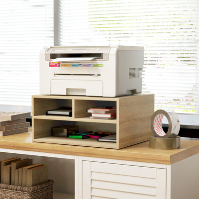 Organiseur bureau aspect bois avec 3 compartiments fournitures support d'imprimante dim. 47L x 40l x 22,5H cm