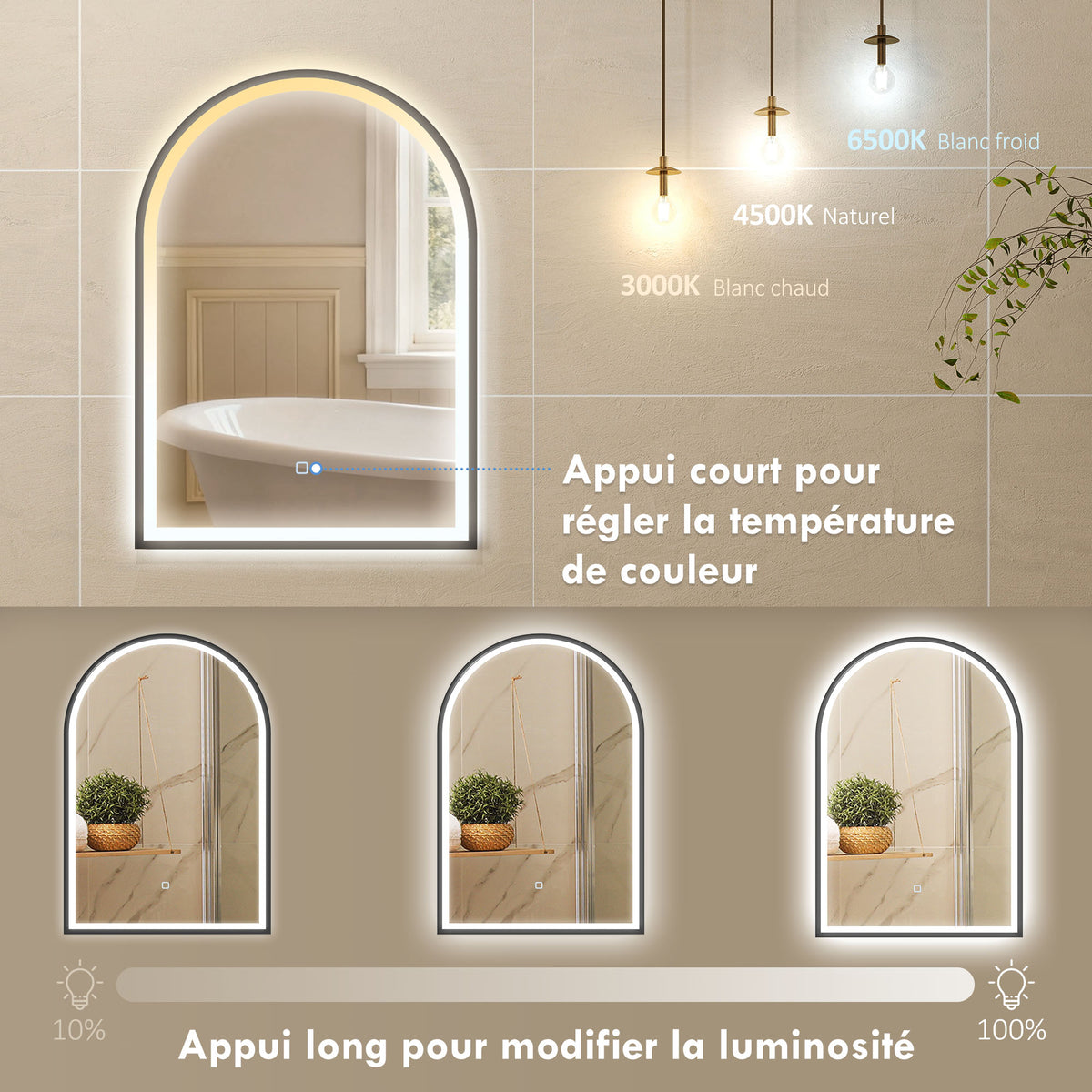 Miroir salle de bain avec éclairage 50 x 70 cm, miroir LED arqué, anti-buée, 3 couleurs lumière, dimmable, mémoire, noir