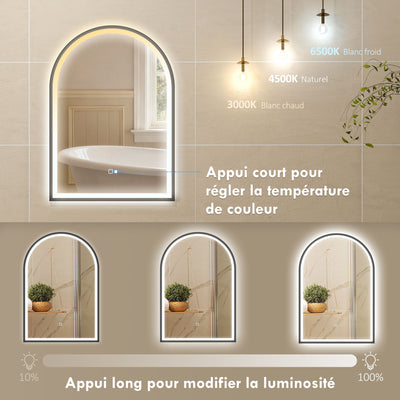 Miroir salle de bain avec éclairage 50 x 70 cm, miroir LED arqué, anti-buée, 3 couleurs lumière, dimmable, mémoire, noir