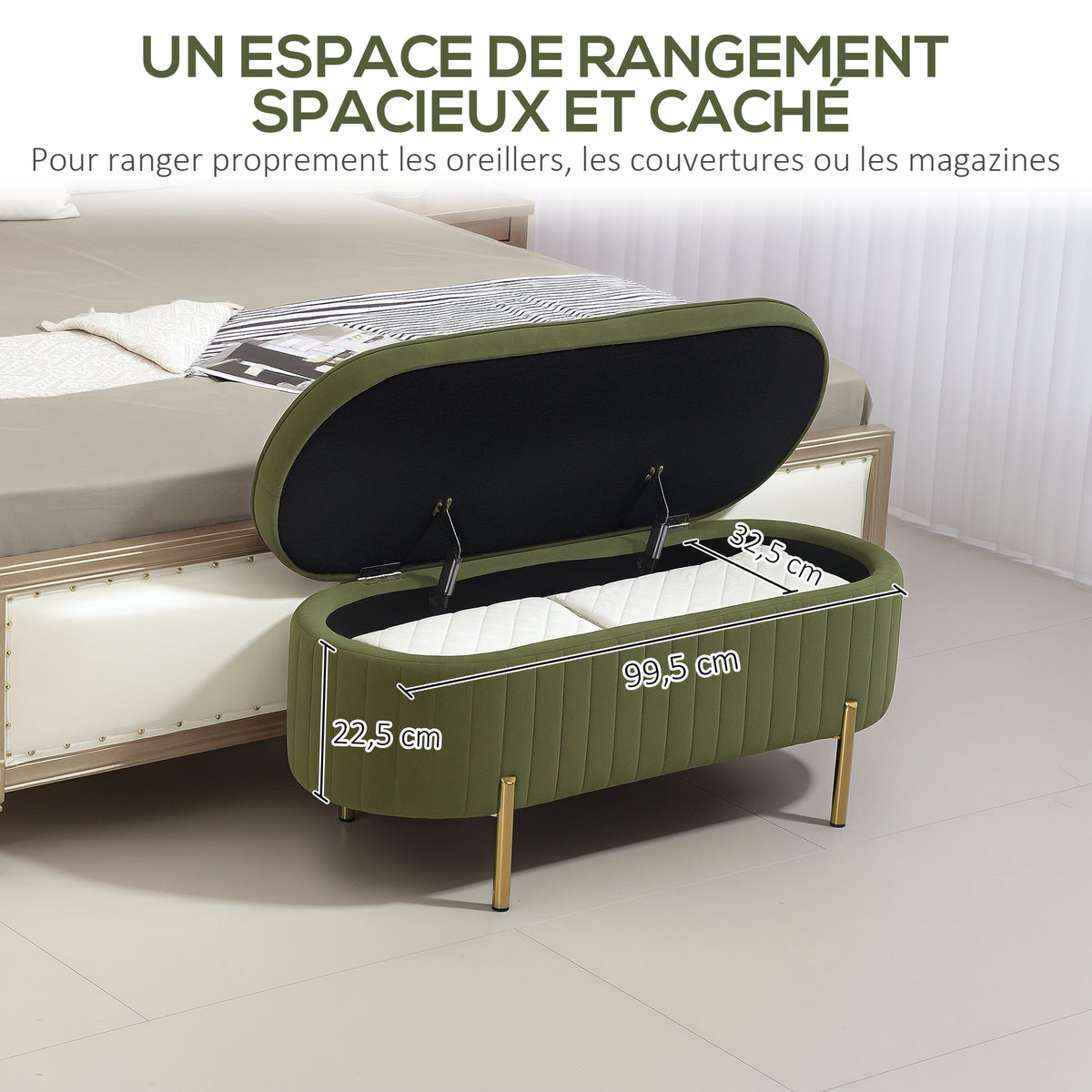 Banc de rangement, bout de lit en velours avec couvercle, pieds en métal, capacité 72 L, 108x44x43,5cm, vert foncé