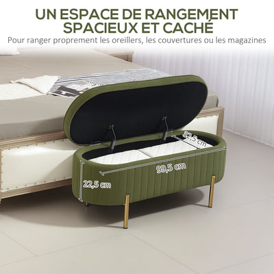 Banc de rangement, bout de lit en velours avec couvercle, pieds en métal, capacité 72 L, 108x44x43,5cm, vert foncé