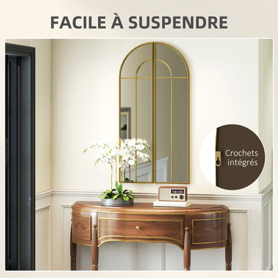 Miroir mural arc 30 x 120 cm, grand miroir décoratif avec cadre métallique, pour salon, chambre, couloir, ton doré