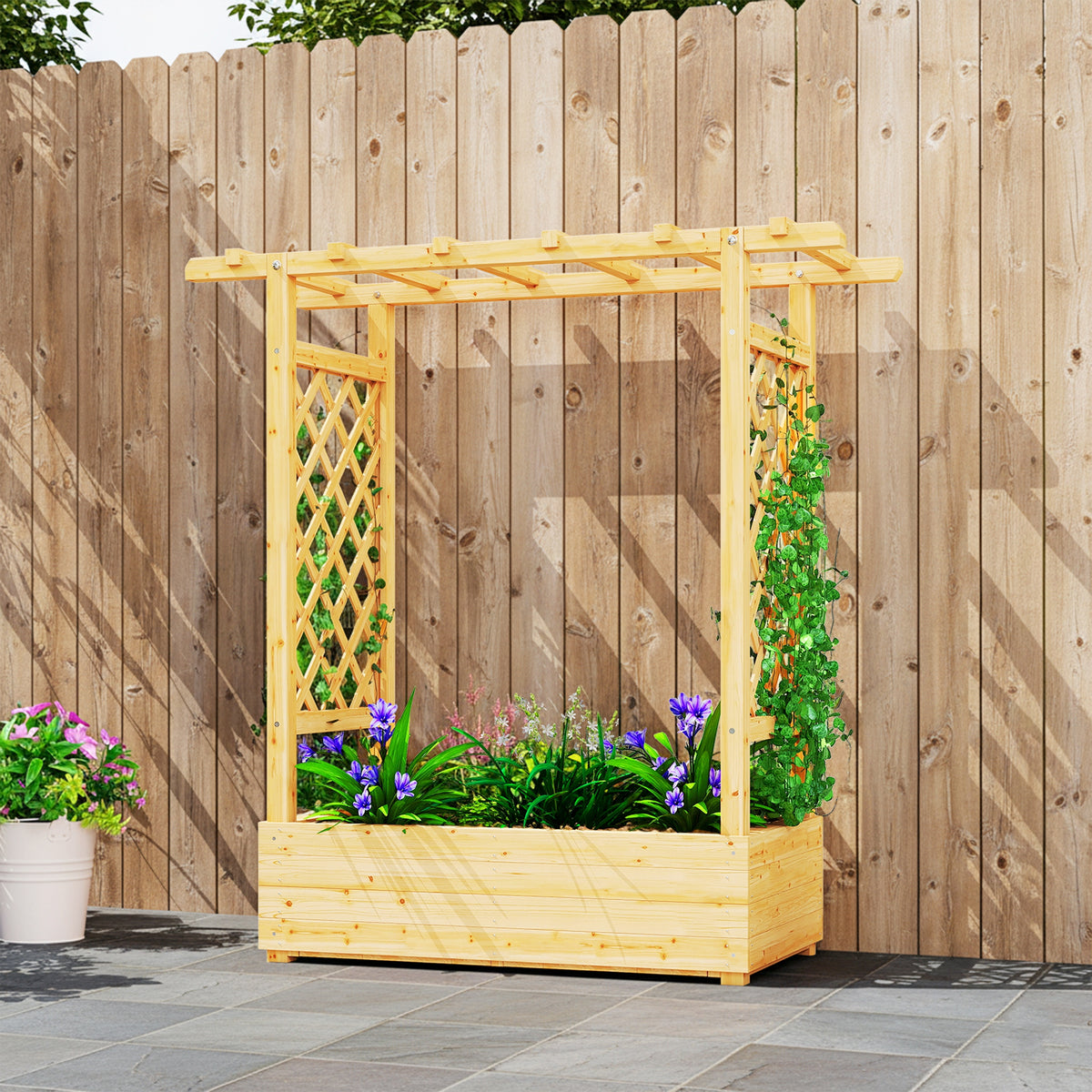 Jardinière surélevée avec treillis latéral et supérieur, bac à fleurs trous de drainage, 110x44x113cm, bois naturel