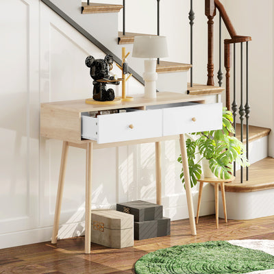 Table console avec 2 tiroirs et pieds en bois, pour salon, entrée, couloir, 86 x 35 x 75 cm, chêne et blanc