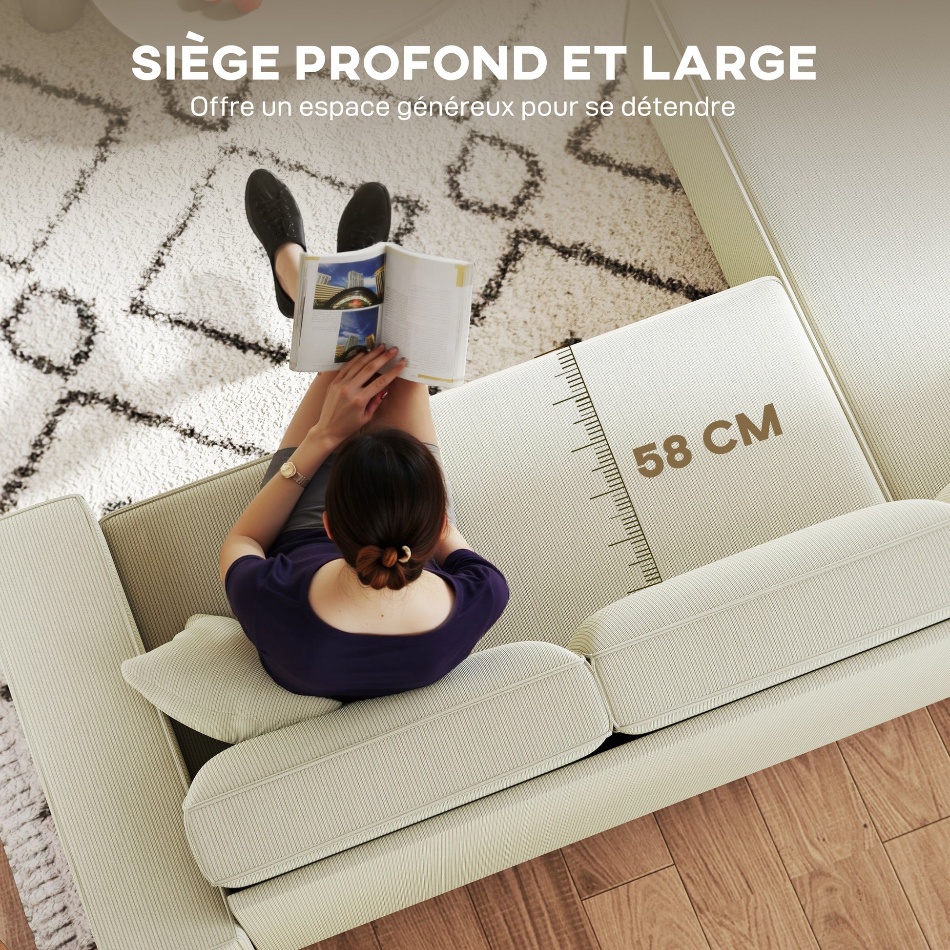 Canapé d'angle réversible 3 places moderne avec coussins inclus, tissu velours côtelé, crème