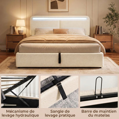 Lit Coffre 160 x 200 cm, LED RGB, Tête Réglable, Cadre de Lit Double Rembourré Velours, Rangement Hydraulique, Crème