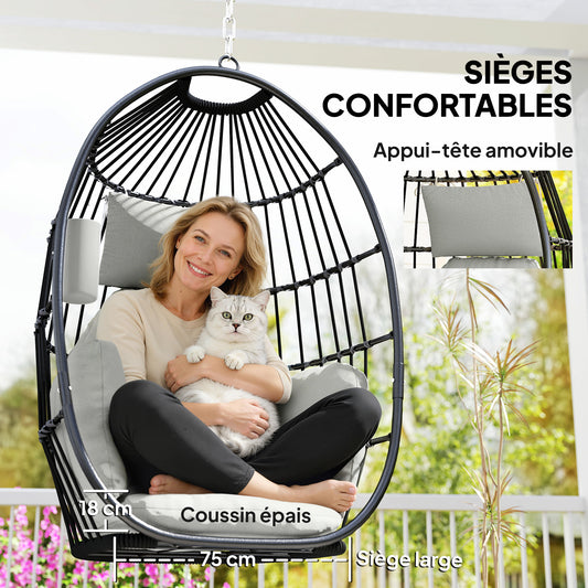 Fauteuil suspendu, fauteuil œuf suspendu, panier pliable, coussins rembourrés, porte-gobelet, oreiller, gris foncé