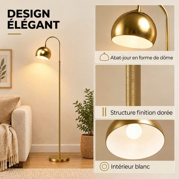 Lampadaire sur Pied Salon, Lampe sur Pied Moderne 40W, Douille E27, Hauteur Réglable, Abat‑jour Orientable, Doré Aosom