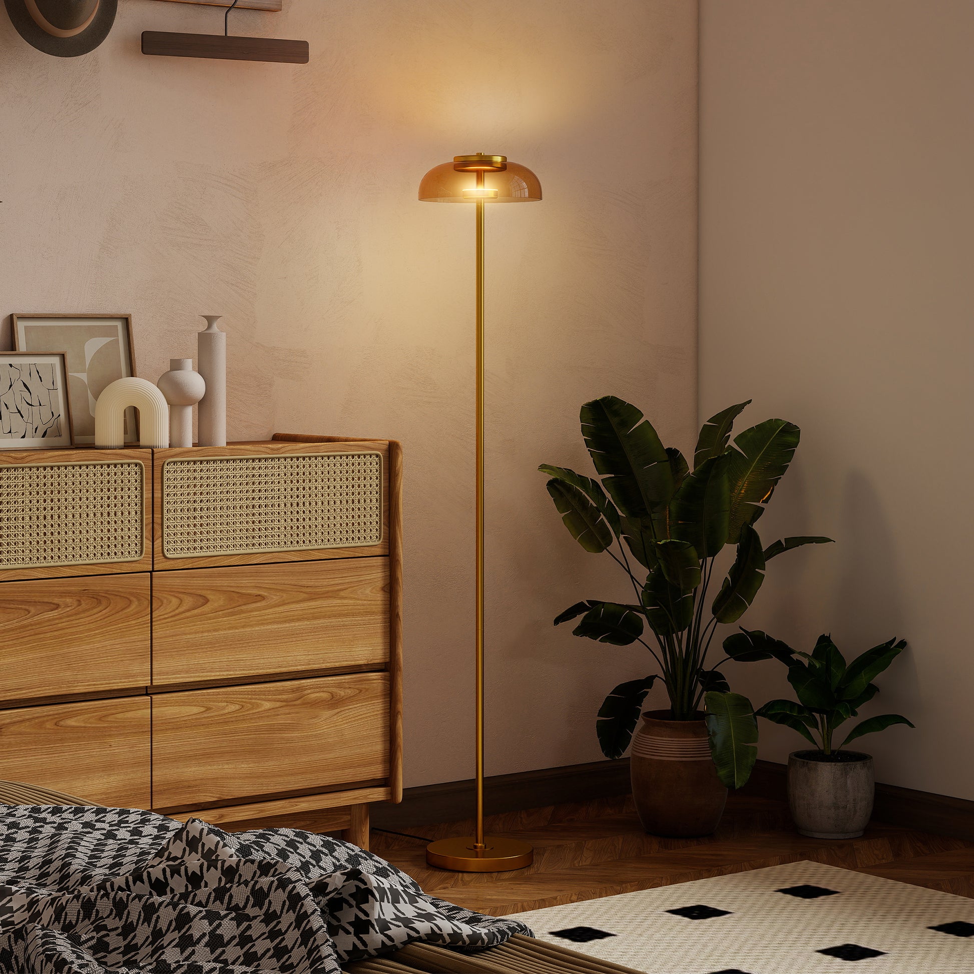 Lampadaire sur pied de salon, lampe salon LED avec lumière chaude 3000 K et interrupteur à pied, Ø25x134cm, ton laiton