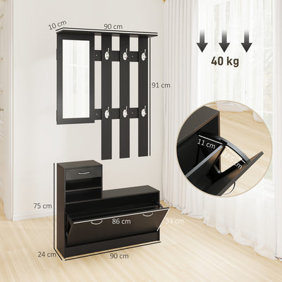 Ensembles 3 en 1 de meuble d'entrée vestiaire avec panneau porte-manteau, miroir et banc à chaussures noir