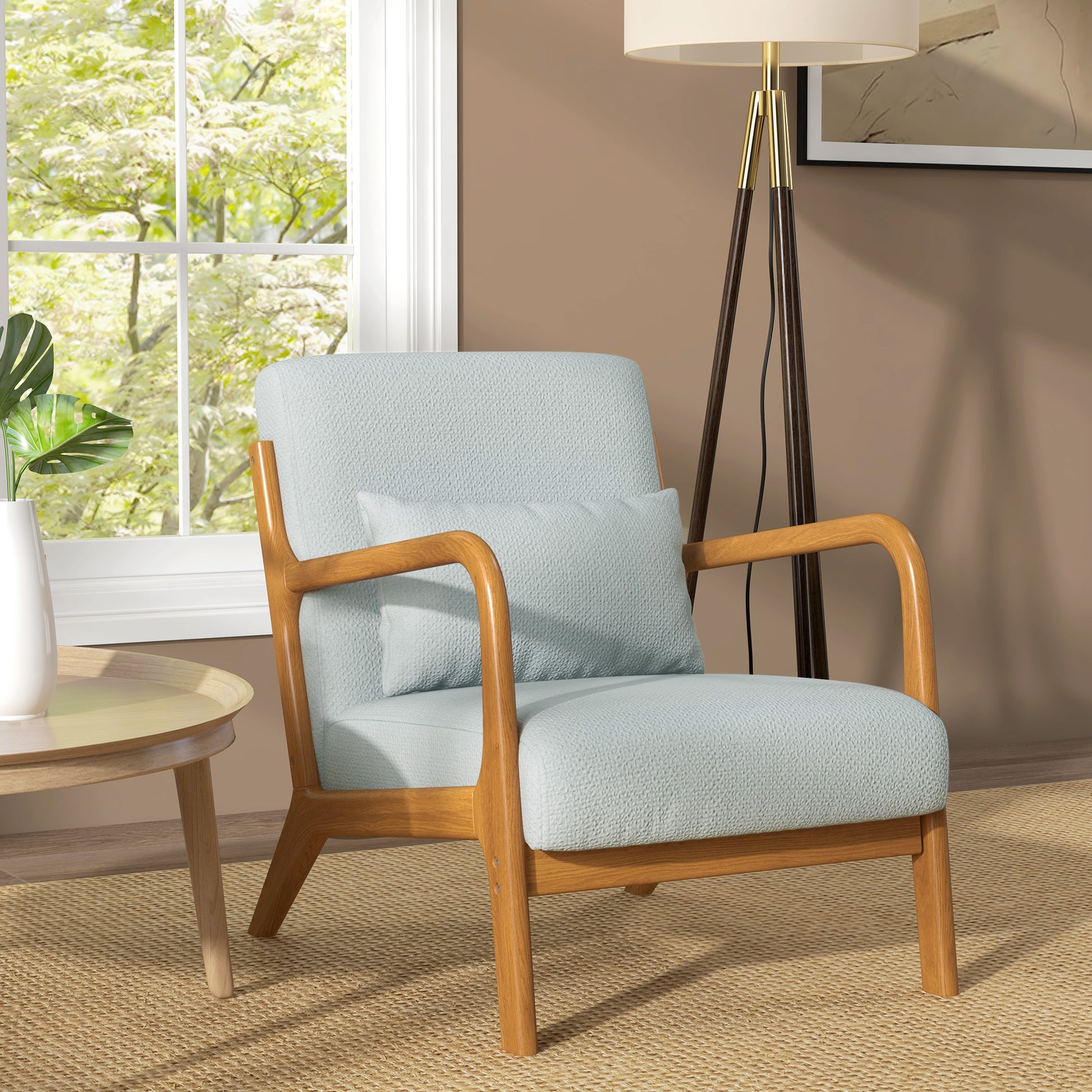 Fauteuil de salon avec cadre en bois massif fauteuil lounge - assise profonde - accoudoirs - lin synthétique gris clair