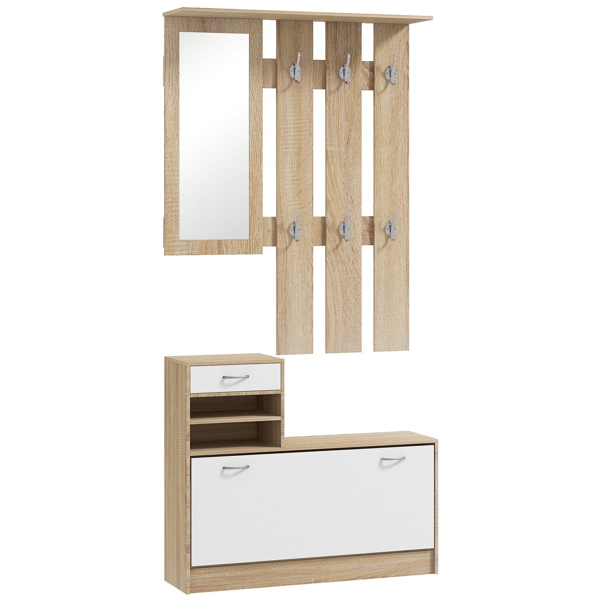Meuble d'entrée vestiaire avec panneau porte-manteau, miroir et banc à chaussures - 6 crochets et étagère réglable