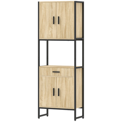 Buffet Haut Cuisine, Armoire de Cuisine, 4 Portes à Fermeture Douce, Tiroir, Plan de Travail, 60x30x170cm, Bois Naturel