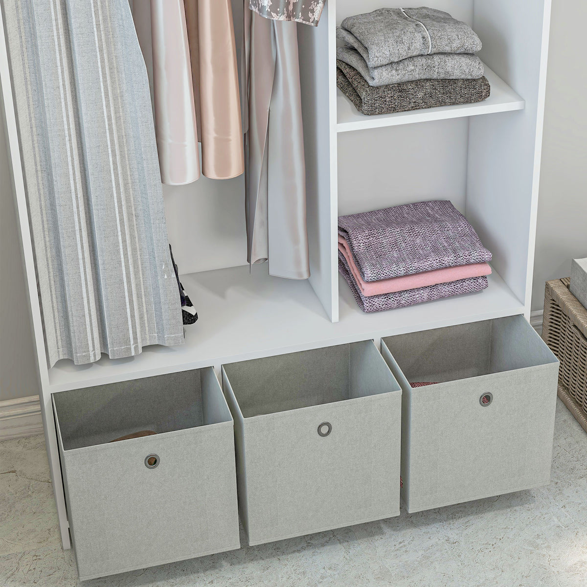 Armoire penderie armoire de rangement avec tringle rideaux 3 tiroirs en tissu amovibles 105 x 48 x 160 cm blanc