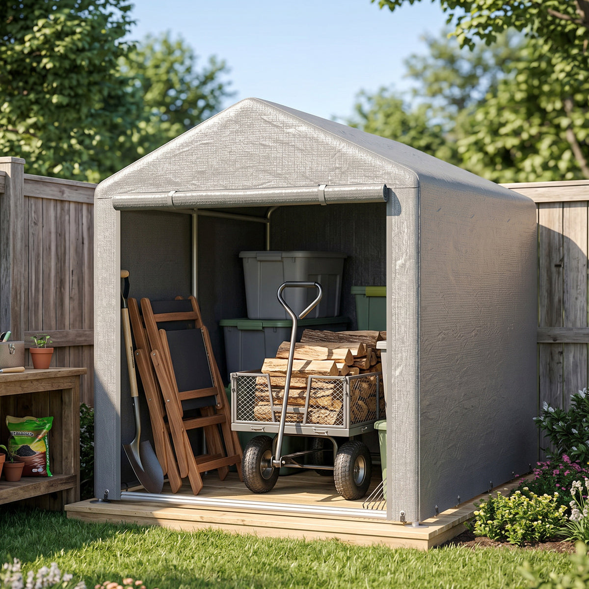 Abri de jardin tente de stockage imperméable abri moto porte enroulable fermeture éclair, 160 x 218 x 172 cm, gris clair