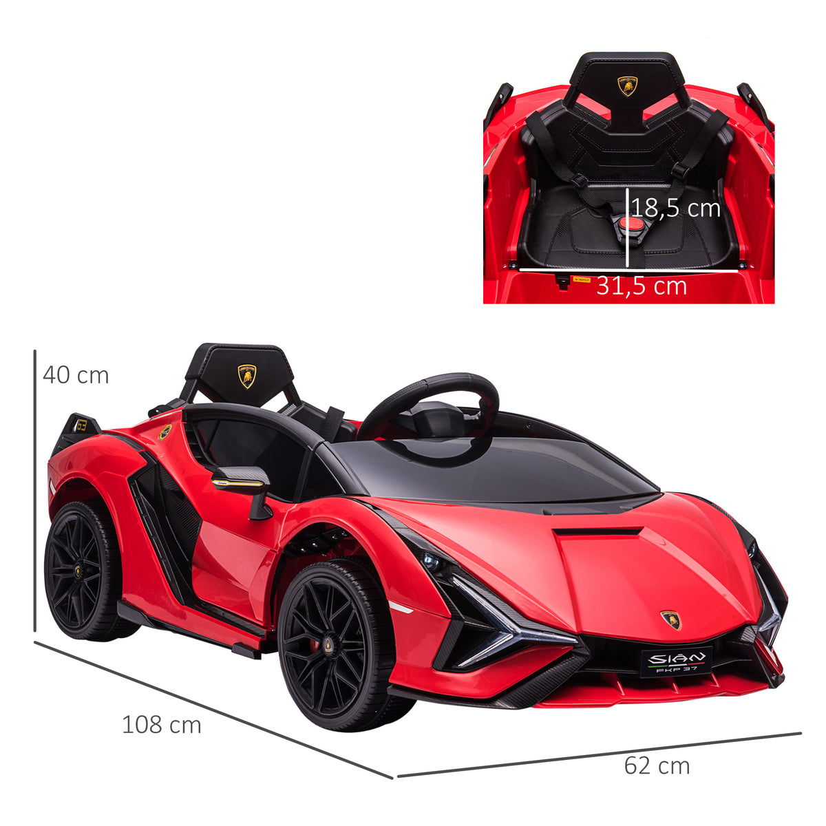 Voiture électrique Enfants de Sport Véhicule électrique Lamborghini Sian 12 V - V. Max. 5 Km/h avec Télécommande 2,4G Effets sonores + Lumineux Rouge
