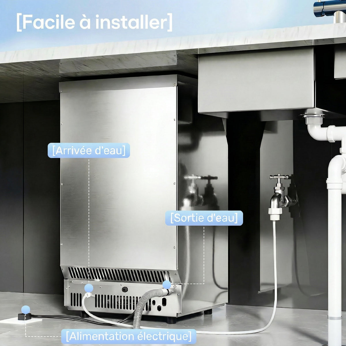 Machine à glaçons commerciale 36 kg/24h, acier inoxydable, ice maker, capacité 5,5 kg, 36 cubes par 10 minutes,