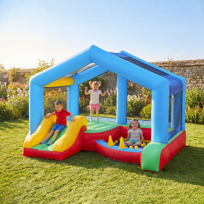 Château gonflable 4 en 1, aire de jeux avec souffleur, toboggan, piscine à balles, jeu de lancer d'anneaux, multicolore