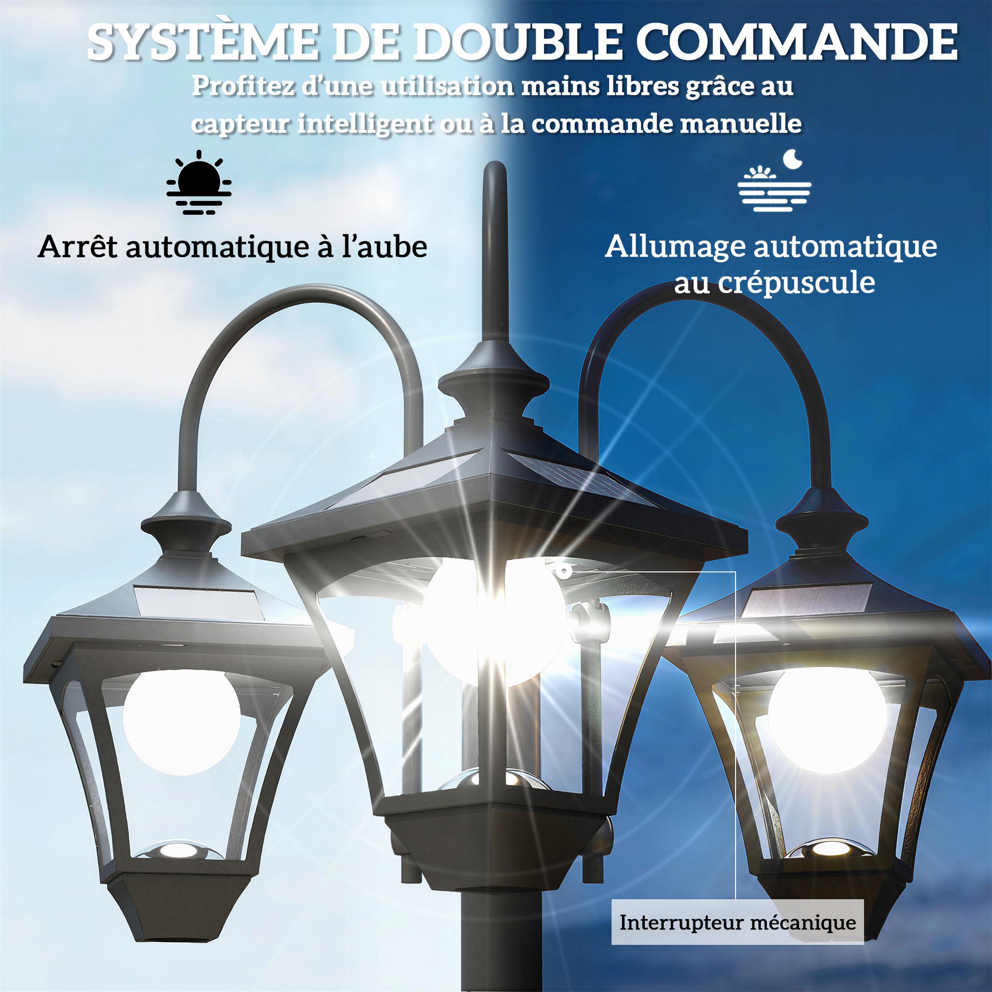 Lampadaire Extérieur sur Pied à 3 Têtes avec Bac à Fleurs, Capteur Automatique Crépuscule à L'aube, 52x52x185cm, Noir