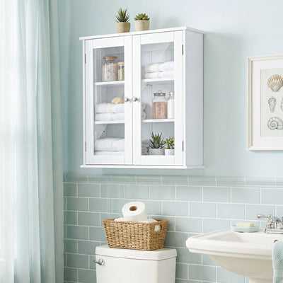 Armoire murale de salle de bain, meuble haut salle de bains avec 2 portes en verre, étagère réglable, 55x20x65cm, blanc