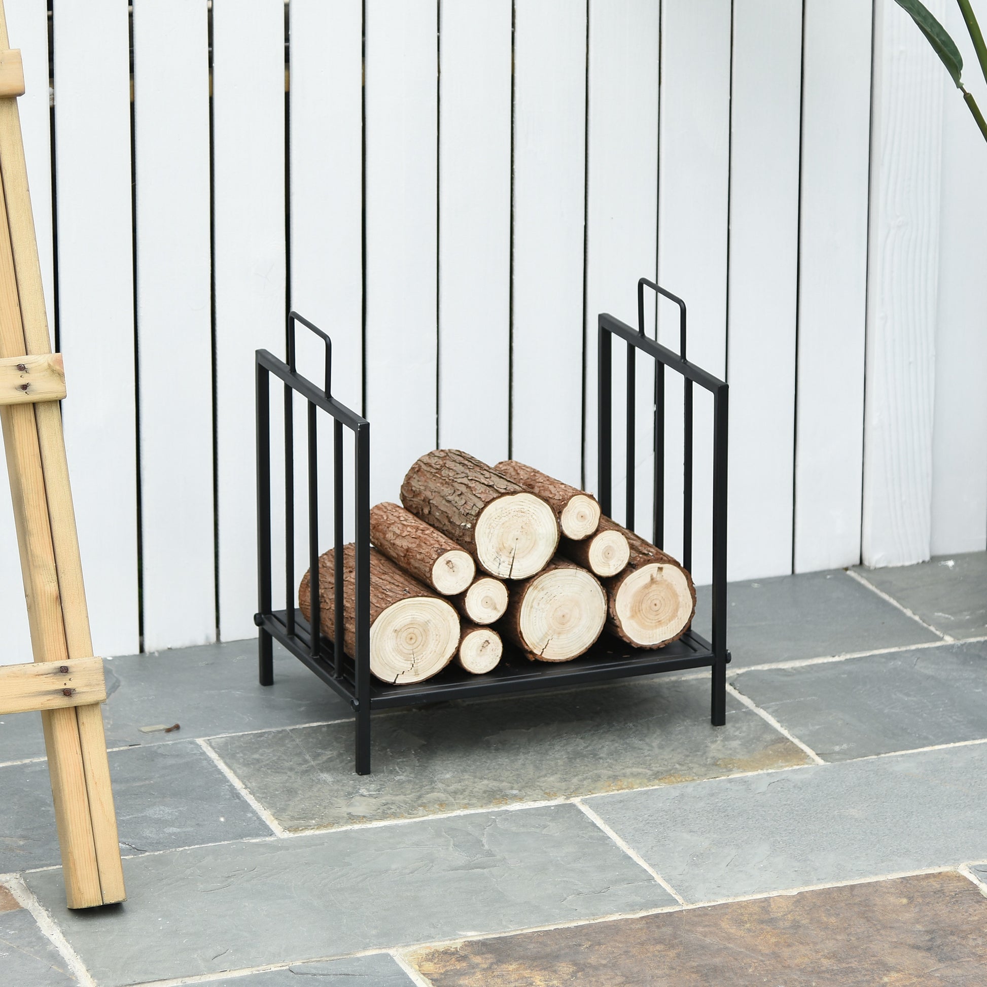 Range bûches Porte-bûches Etagère porte bois de cheminée charge max. 15 Kg dim. 44L x 33l x 46H cm métal époxy noir