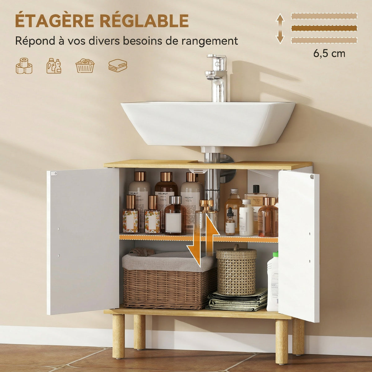 Meuble sous lavabo, meuble de salle de bain avec 2 portes et étagère réglable, 60 x 30 x 61 cm, blanc