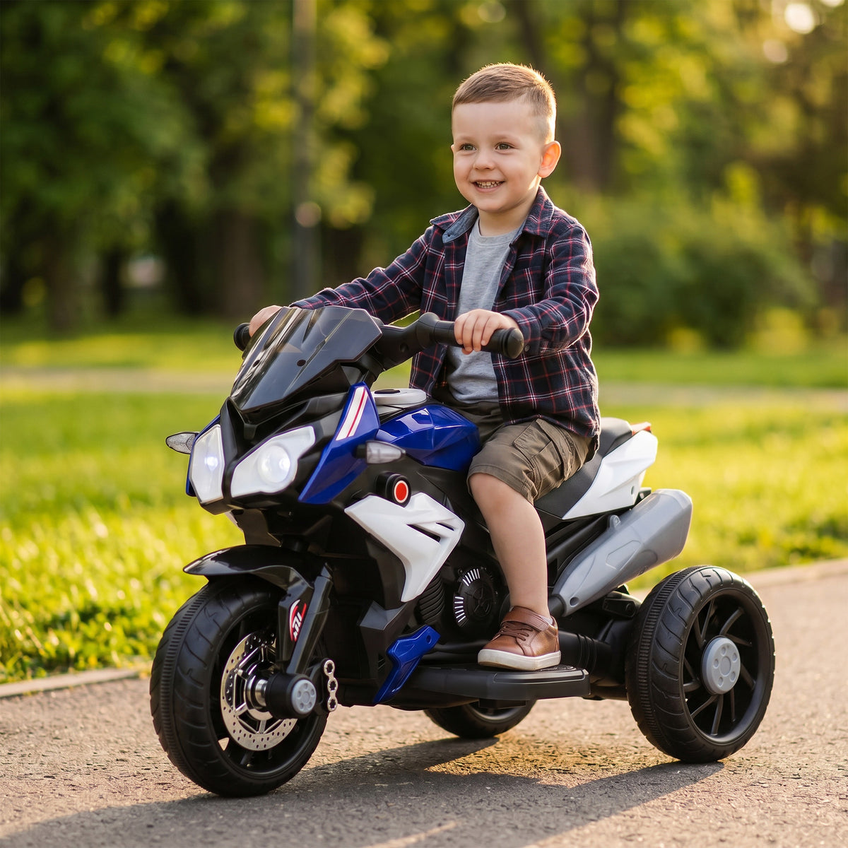 Moto électrique enfants 3 roues 6 V, voiture électrique enfants 3 à 5 ans, effets lumineux et sonores, 86x42x52cm, bleu