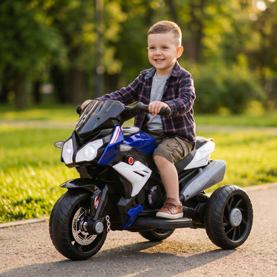 Moto électrique enfants 3 roues 6 V, voiture électrique enfants 3 à 5 ans, effets lumineux et sonores, 86x42x52cm, bleu